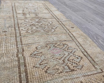 Handmade Vintage Turkish Rug: Faded Brown Wool-Cotton Door Mat