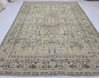 Extra groot vintage Oushak-tapijt: handgeweven wol en katoen met Turks motief, 274 x 366 cm