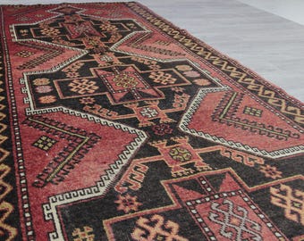 Vintage Red Black Turkish Runner : 3.8'x10.4' Ft Handwoven Wool Entryway Rug