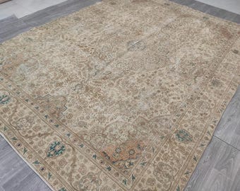 Vintage Turkish Oushak Rug: 9.2x12.6 Handwoven Wool Saloon Rug