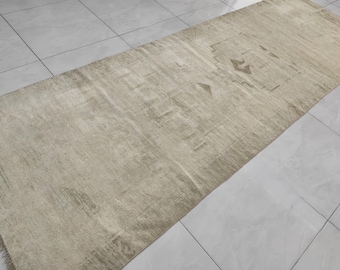 Vintage Turkish Wool Runner Rug: Neutral Oushak Hallway Decor, 3.7&#39;x11.1&#39;