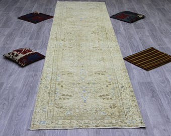 Ręcznie wiązany chodnik Oushak o wymiarach 3'X12', stary turecki dywan do przedpokoju, neutralny kremowo-brązowy.