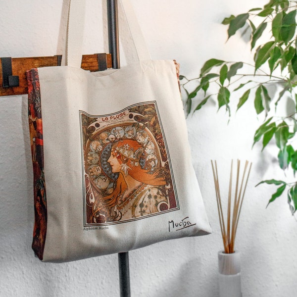 Draagtas van katoenen canvas met natuurlijk Art Nouveau-ontwerp, draagtas met ritssluiting en binnenzak (La Plume)