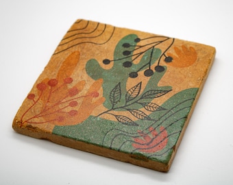 Vintage tile / tile / coaster made of travertine 10 x 10 cm (travertine gold, motif: Havana cactus)