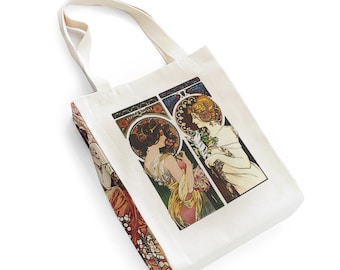 Natural design tote bag with Art Nouveau motif made of cotton canvas with zipper and inner pocket Tote Bag (Flower & Feather)
