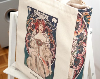 Natural Design Tote Bag with Art Nouveau Motif in Cotton Canvas with Zipper and Inner Pocket Tote Bag (Mucha Campenois)