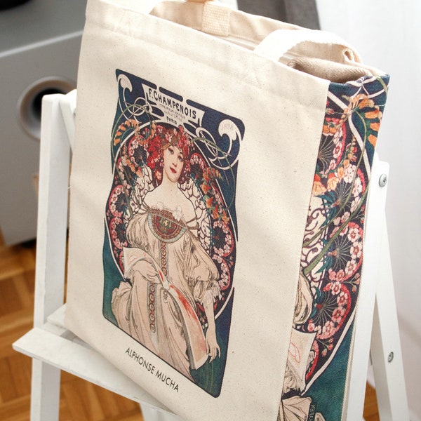 Natural Design Tote Bag with Art Nouveau Motif in Cotton Canvas with Zipper and Inner Pocket Tote Bag (Mucha Campenois)