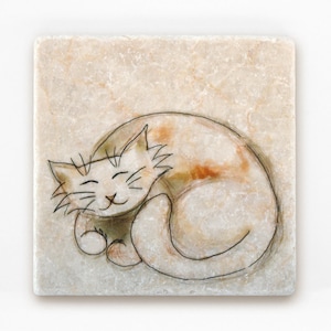 Vintage tile / coaster made of natural stone or travertine 10 x 10 cm (travertine, motif: sleeping cat)