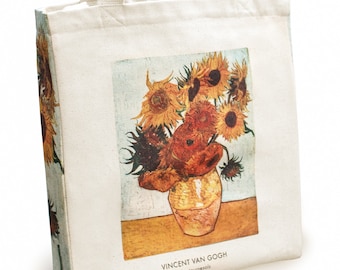 Naturel design tote bag met kunst motief gemaakt van katoenen canvas met rits en binnenvak Tote Bag (Van Gogh Zonnebloemen)