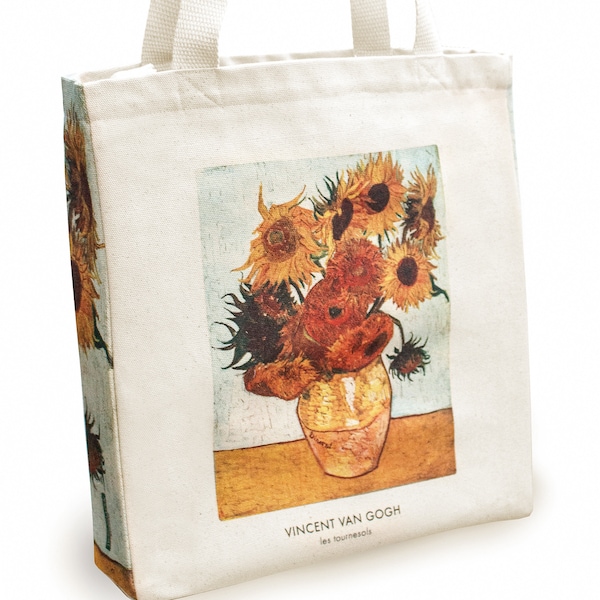 Naturel design tote bag met kunst motief gemaakt van katoenen canvas met rits en binnenvak Tote Bag (Van Gogh Zonnebloemen)