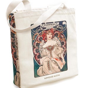 Natürliche Design-Tragetasche mit Jugendstil-Motiv aus Baumwoll-Canvas mit Reißverschluss und Innentasche Tote Bag (Mucha Campenois)