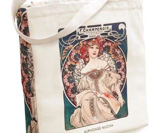 Natural design tote bag with Art Nouveau motif made of cotton canvas with zipper and inner pocket (Mucha Champenois)