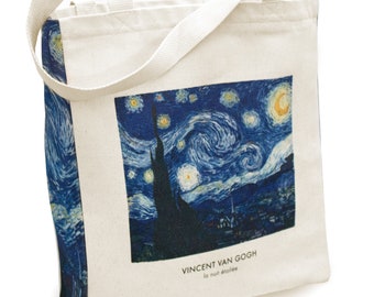 Natural design tote bag with art motif made of cotton canvas with zip and inner pocket tote bag (Van Gogh La nuit)