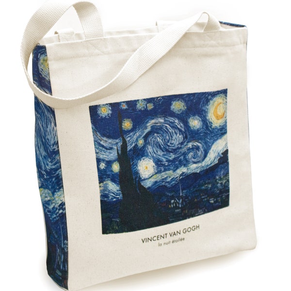 Natural design tote bag with art motif made of cotton canvas with zip and inner pocket tote bag (Van Gogh La nuit)