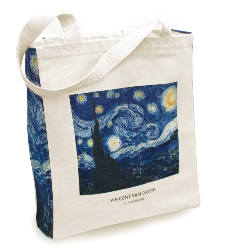 Natural design tote bag with art motif made of cotton canvas with zip and inner pocket tote bag Van Gogh La nuit image 1