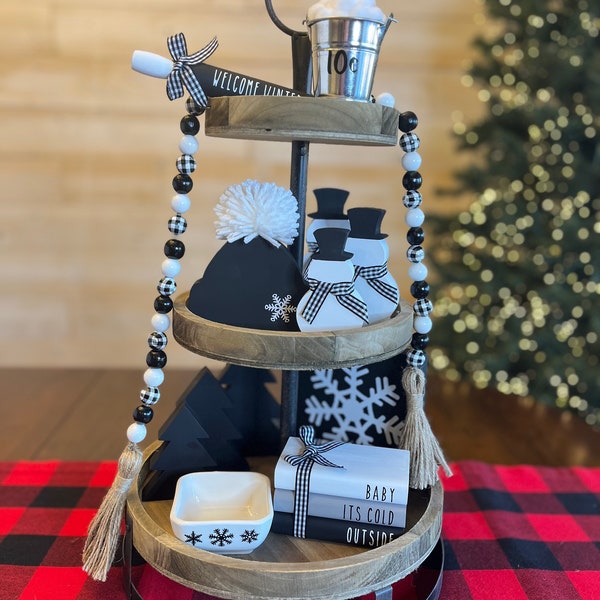 Baby Its Cold Outside Tiered Tray Decor|Snowflake|Snowman|January|Winter|Book Stack|Beaded Garland|Black & White|Farmhouse|Rolling Pin
