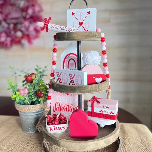 Valentine's Day Tiered Tray Decor | Happy Valentine's Day Sign | February Decor | Shelf Sitters | Book Stack | Mini Rolling Pin