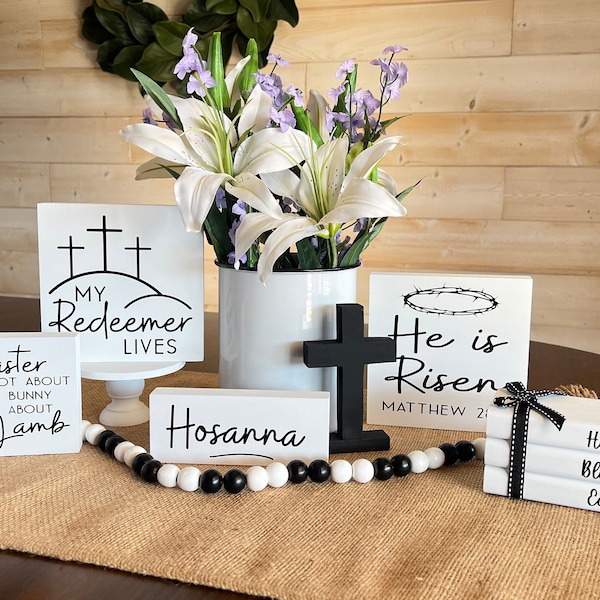 Christian Easter Tiered Tray Decor | Religious Easter | He is Risen | My Redeemer Lives | It's About the Lamb | Hosanna | Black and White