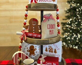 Gingerbread Tiered Tray Decor|Gingerbread Christmas|Gingerbread Man|Candy Cane|Peppermint|Rolling Pin|Beaded Garland|Book Stack|Cookie Mix
