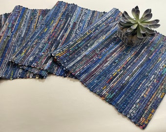 Unique table runners,  handwoven runners, ivory cotton upcycled, eco friendly, washable,  housewarming gift, table decor, rich blue colours