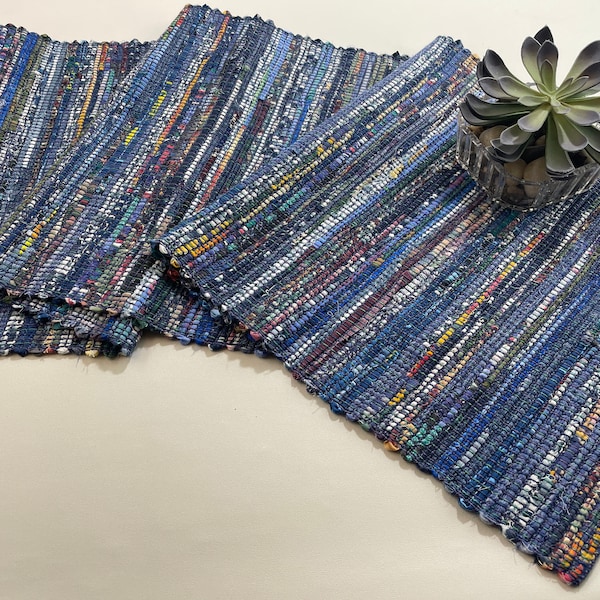 Unique table runners,  handwoven runners, ivory cotton upcycled, eco friendly, washable,  housewarming gift, table decor, rich blue colours