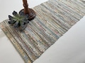 13" wide table runner in ivory based warm earth tones,handwoven using upcycled, eco friendly fabrics. Many length options. Tariff exempt.