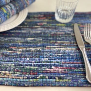 Upcycled,  handwoven placemats, Unique blue cotton  table mats, eco friendly, washable,  housewarming gift, table decor, priced individually
