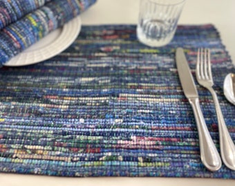 Unique,  handwoven placemats, blue cotton upcycled table mats, eco friendly, washable,  housewarming gift, table decor, one mat for 35 CDN