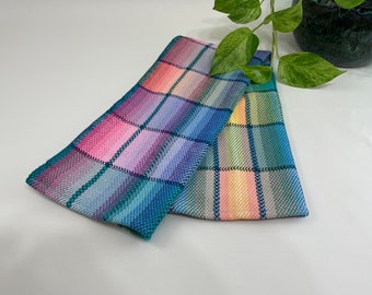 Handwoven tea towel, cotton tea towel, pink blue yellow green, unique kitchen gift, patio decor, rainbow gifts, chef present, cottage decor