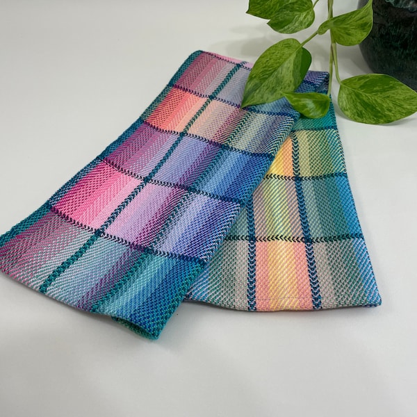 Handwoven tea towel, cotton tea towel, pink blue yellow green, unique kitchen gift, patio decor, rainbow gifts, chef present, cottage decor