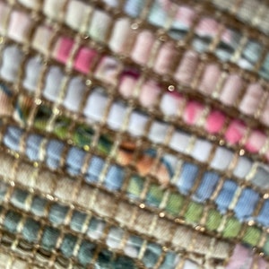 May include: Close-up of a woven fabric with a textured, multi-colored pattern. The fabric is made of a variety of materials, including natural fibers and metallic threads. The colors are muted and earthy, with shades of beige, brown, pink, blue, and green.