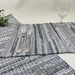 Handwoven 13" wide table runner or placemat in white, grey,black using upcycled, eco friendly fabrics. Many length options. Tariff exempt.