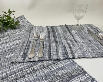 Handwoven 13" wide table runner or placemat in white, grey,black using upcycled, eco friendly fabrics. Many length options. Tariff exempt.