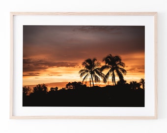 Muurkunst tropische zonsondergang | Strandprint palmboom | Digitale download | Afdrukbaar kustlandschap | Fotografie bij zonsondergang op de oceaan