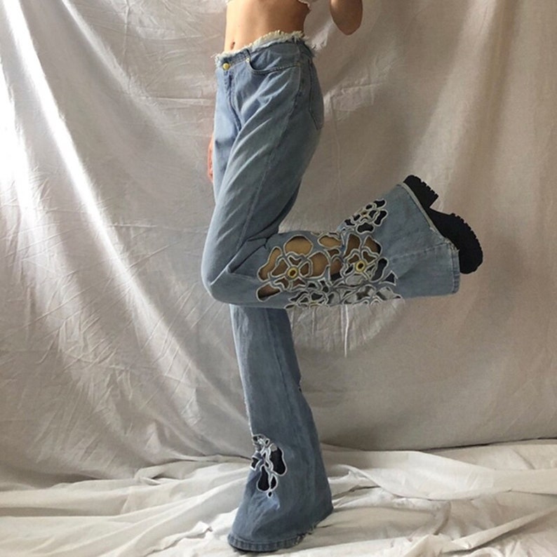 Y2k Fairycore Floral Hollowed Out Flare Jeans 