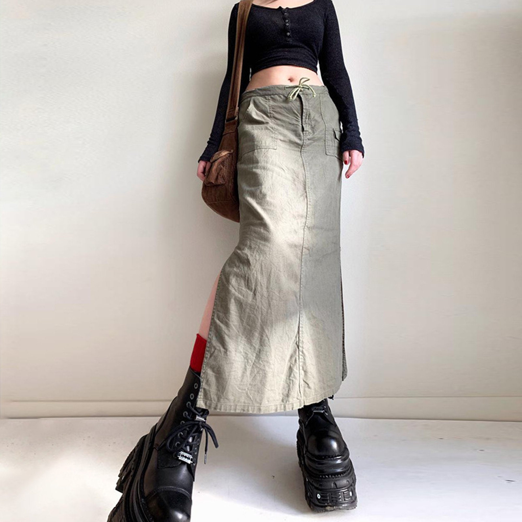 Grunge Aesthetic Khaki Drawstring Low Waist Cargo Midi Skirt - Etsy Canada