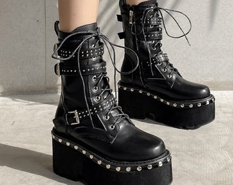 Punk Aesthetic Rivetted Platform Ankle Boots