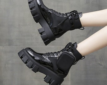 Black Patent Chunky Punk Aesthetic Platform Ankle Boots