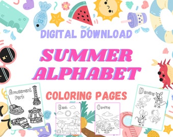 Printable Summer Alphabet Coloring Pages Worksheets 26 pages Preschool Kindergarten Kids