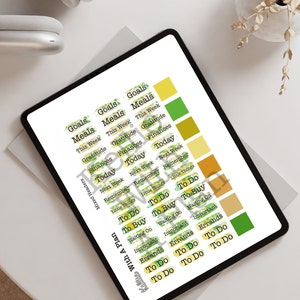 May include: A set of digital planner stickers with a watercolor background in shades of green and yellow. The stickers feature text labels for various planning categories, including "Goals", "Meals", "Gratitude", "Finances", "Today", "Next Week", "Remember", "Little Things", "To Do", "To Buy", "Waiting On", "Important", and "Errands".