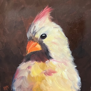 The Coy Cardinal, 6X6 Original Bird Oil Painting