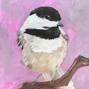 Among the Blossoms, 6X6 Original Chickadee/Bird Oil Painting
