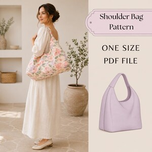 Puede incluir: Un patrón de costura digital para un bolso de hombro, etiquetado Shoulder Bag Pattern, ONE SIZE, PDF FILE. La imagen muestra un bolso de hombro con estampado floral en rosa y morado, y una ilustración de un bolso de color morado claro.