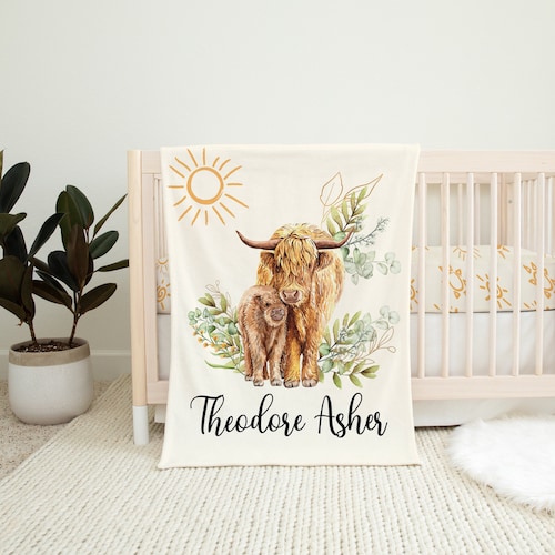 Personalized Highland Cow Crib Sheets, Highland Cow Crib Bedding