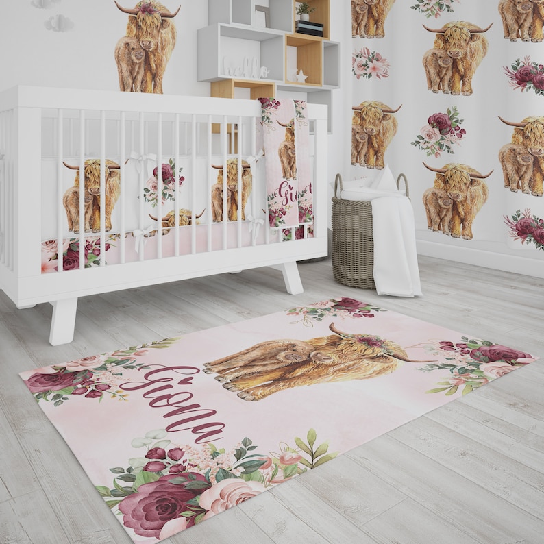 Highland Cow Nursery Bedding Set Burgundy Floral Crib Etsy