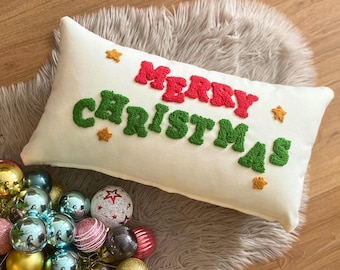 Embroidered Merry Christmas Pillow Cover, Punch Needle Embroidery, Christmas Lumbar Pillow, Xmas Gift Idea, New Year Present,Farmhouse Decor