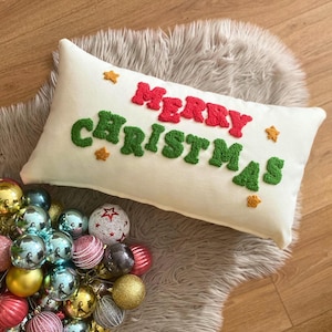 Embroidered Merry Christmas Pillow Cover, Punch Needle Embroidery, Christmas Lumbar Pillow, Xmas Gift Idea, New Year Present,Farmhouse Decor