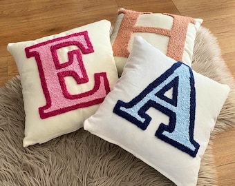 Embroidered Letter Pillow, Initial Punch Needle Cushion, Nursery Decor, Newborn Gift Idea, Kids Room Decor, Custom Dorm Room Throw Pillow