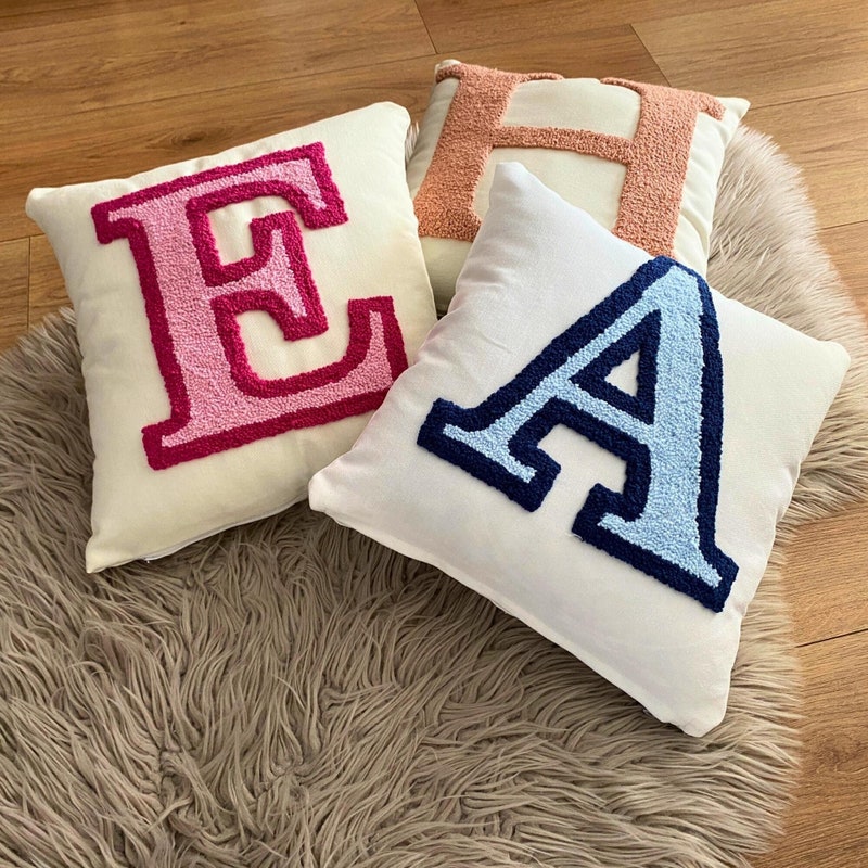 Embroidered Letter Pillow, Initial Punch Needle Cushion, Nursery Decor, Newborn Gift Idea, Kids Room Decor, Custom Dorm Room Throw Pillow