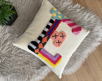 Embroidered Letter Pillow, Punch Needle Initial Cushion, Baby Room Decor, Nursery Gift Idea, Kids Room Pillow,Custom Throw Pillow,Dorm Decor